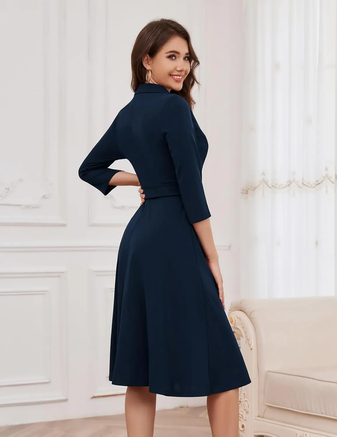 Meetjen Women's V-Neck Formal Dresses 3/4 Sleeve Modest Church Fit and Flare Cocktail Dress for Wedding Guest
