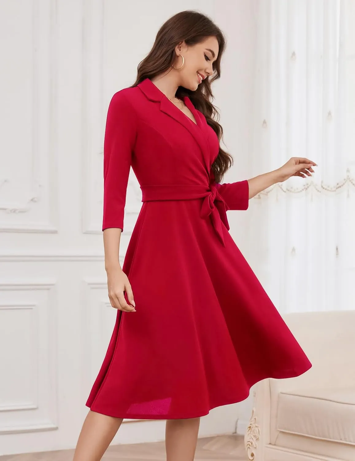 Meetjen Women's V-Neck Formal Dresses 3/4 Sleeve Modest Church Fit and Flare Cocktail Dress for Wedding Guest