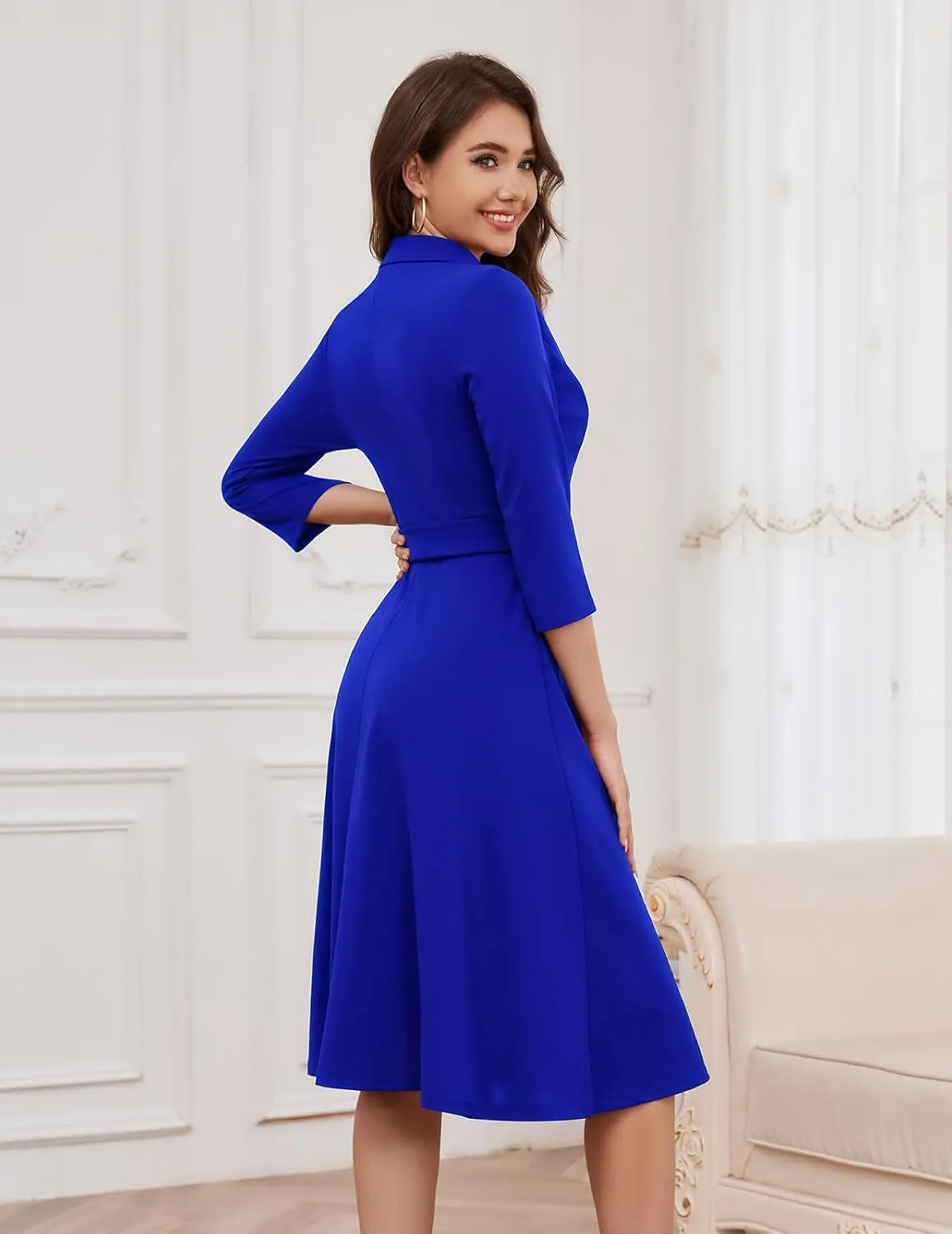 Meetjen Women's V-Neck Formal Dresses 3/4 Sleeve Modest Church Fit and Flare Cocktail Dress for Wedding Guest