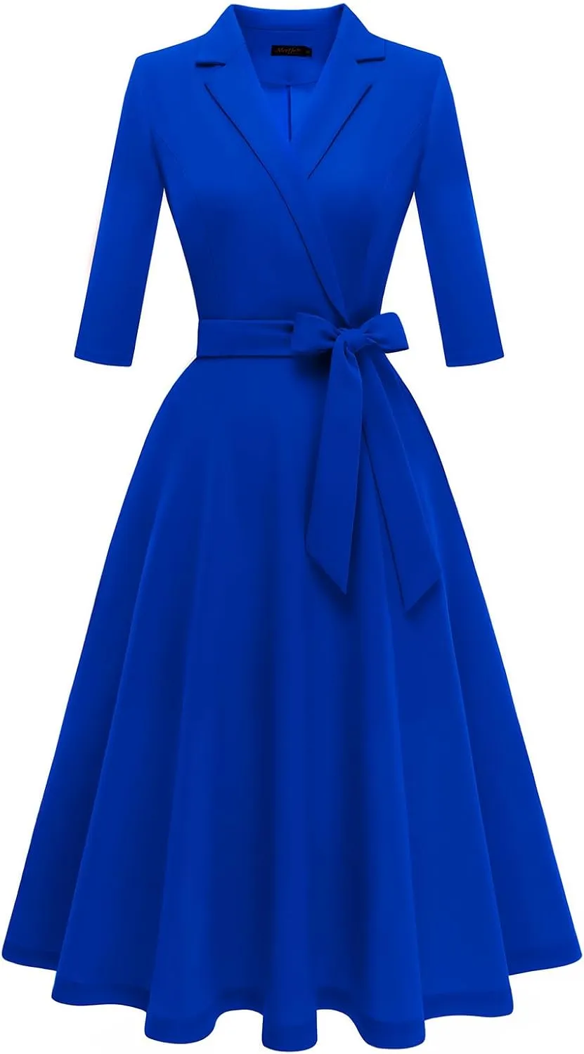 Meetjen Women's V-Neck Formal Dresses 3/4 Sleeve Modest Church Fit and Flare Cocktail Dress for Wedding Guest