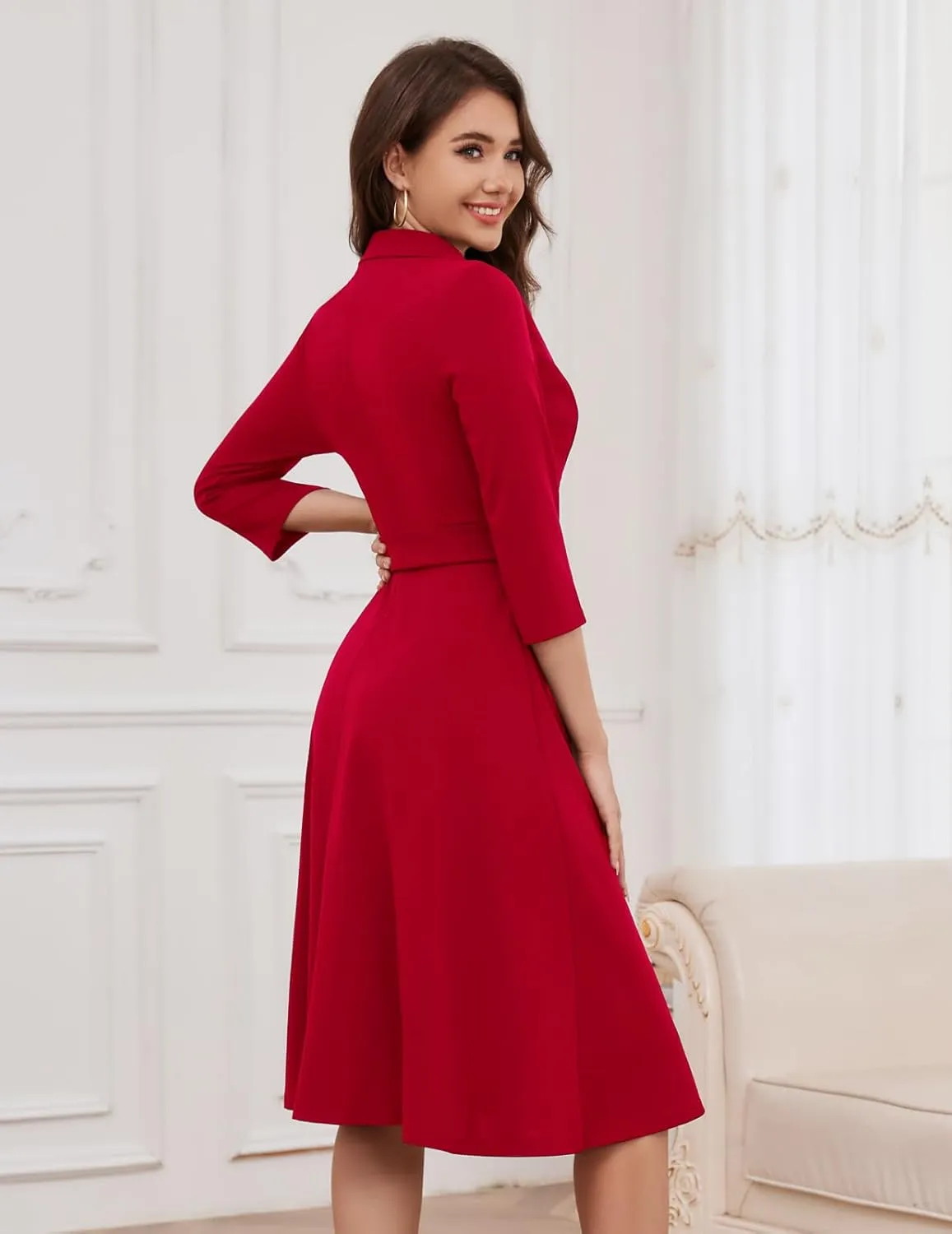 Meetjen Women's V-Neck Formal Dresses 3/4 Sleeve Modest Church Fit and Flare Cocktail Dress for Wedding Guest