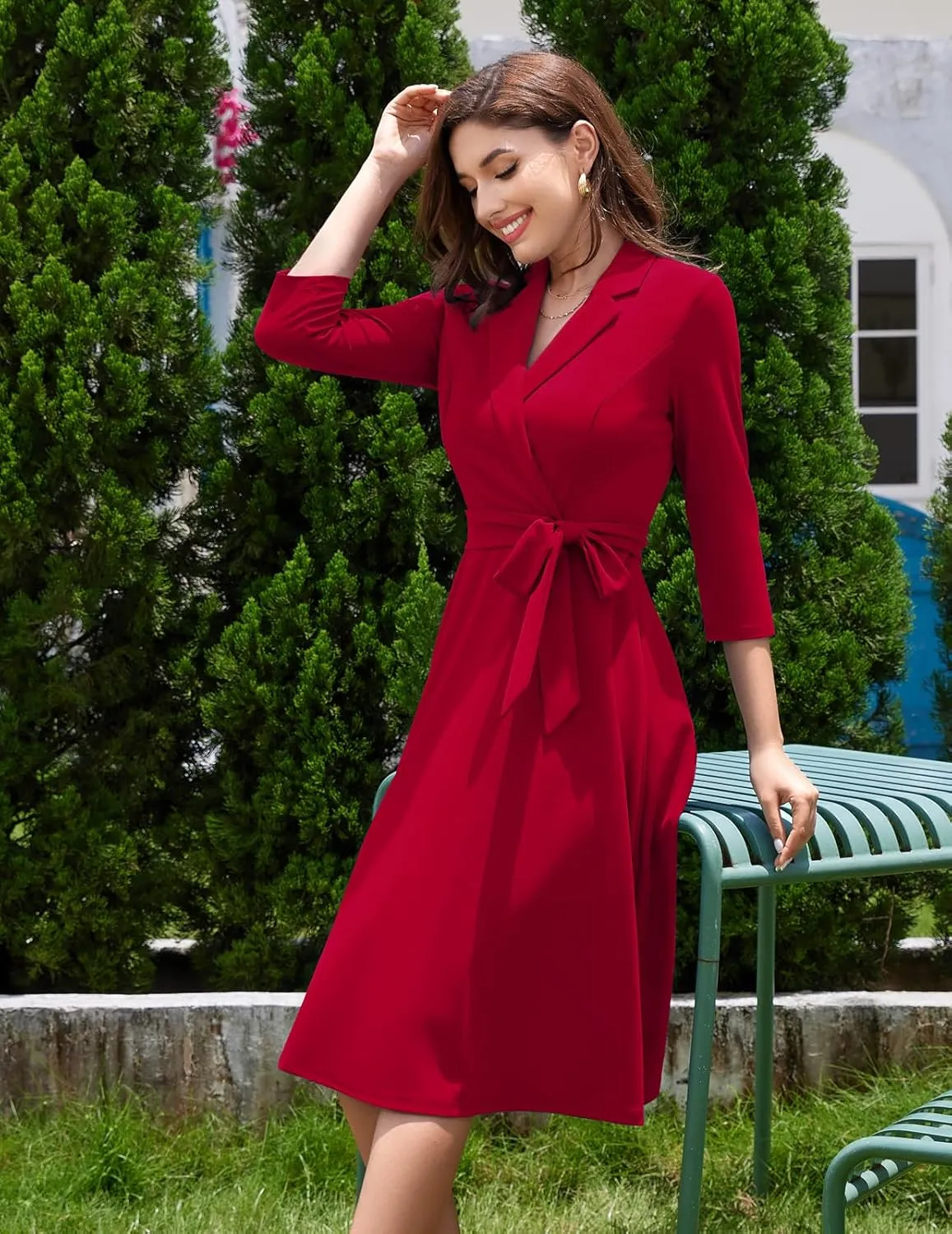 Meetjen Women's V-Neck Formal Dresses 3/4 Sleeve Modest Church Fit and Flare Cocktail Dress for Wedding Guest