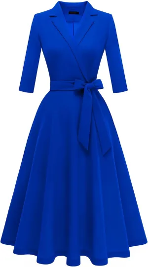 Meetjen Women's V-Neck Formal Dresses 3/4 Sleeve Modest Church Fit and Flare Cocktail Dress for Wedding Guest