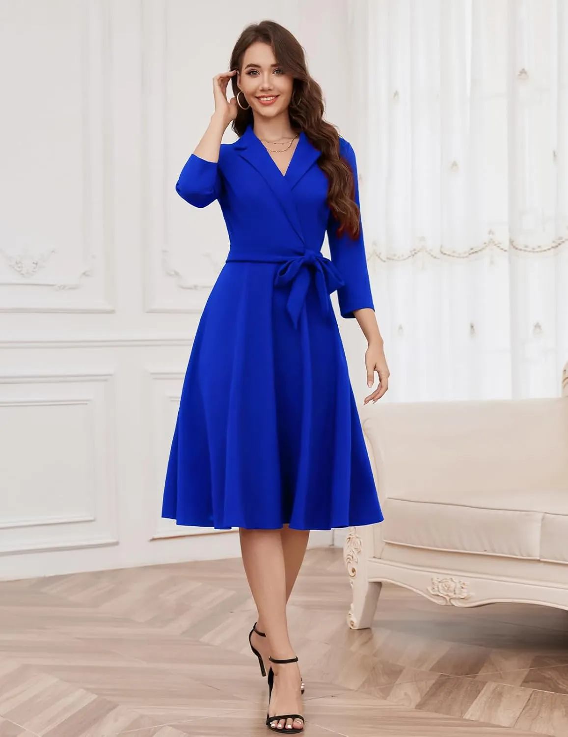 Meetjen Women's V-Neck Formal Dresses 3/4 Sleeve Modest Church Fit and Flare Cocktail Dress for Wedding Guest