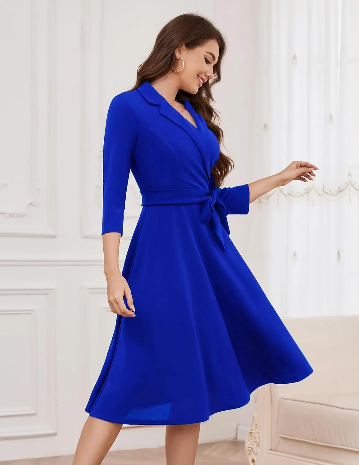 Meetjen Women's V-Neck Formal Dresses 3/4 Sleeve Modest Church Fit and Flare Cocktail Dress for Wedding Guest