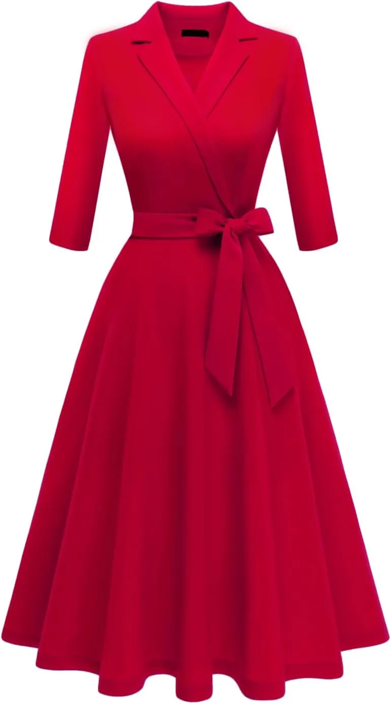 Meetjen Women's V-Neck Formal Dresses 3/4 Sleeve Modest Church Fit and Flare Cocktail Dress for Wedding Guest