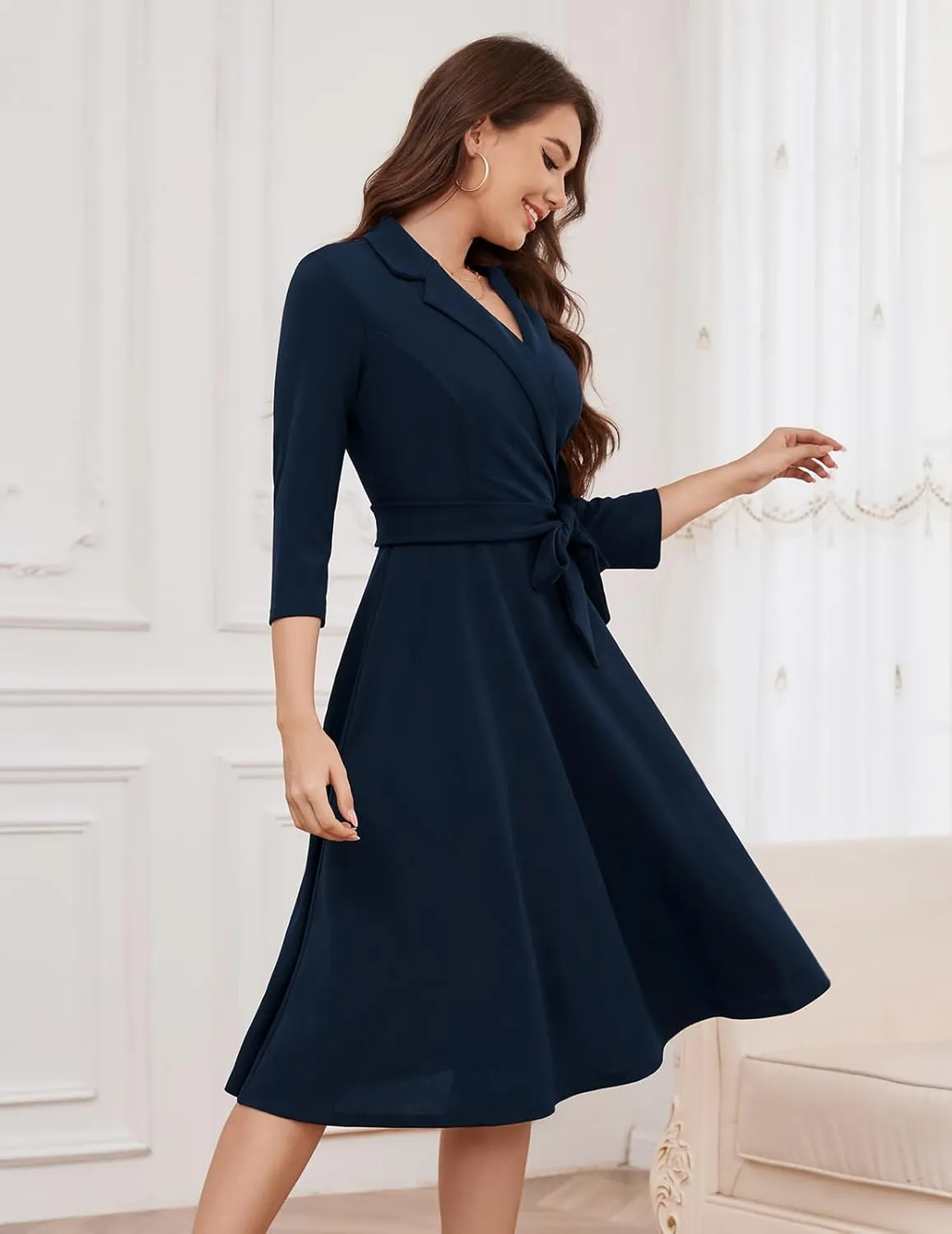 Meetjen Women's V-Neck Formal Dresses 3/4 Sleeve Modest Church Fit and Flare Cocktail Dress for Wedding Guest