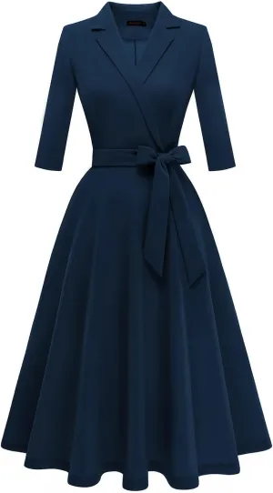 Meetjen Women's V-Neck Formal Dresses 3/4 Sleeve Modest Church Fit and Flare Cocktail Dress for Wedding Guest