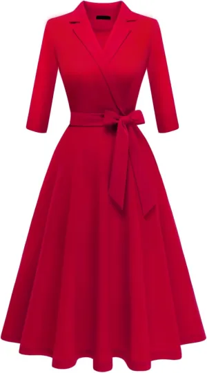 Meetjen Women's V-Neck Formal Dresses 3/4 Sleeve Modest Church Fit and Flare Cocktail Dress for Wedding Guest