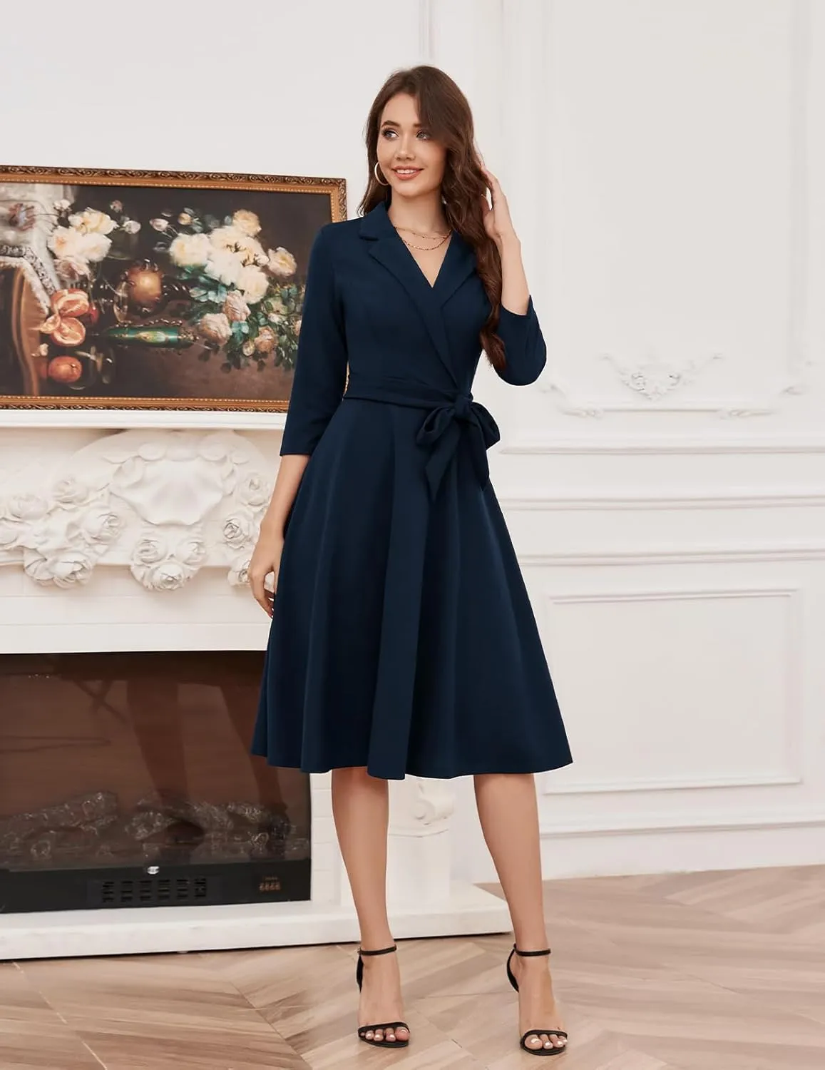 Meetjen Women's V-Neck Formal Dresses 3/4 Sleeve Modest Church Fit and Flare Cocktail Dress for Wedding Guest