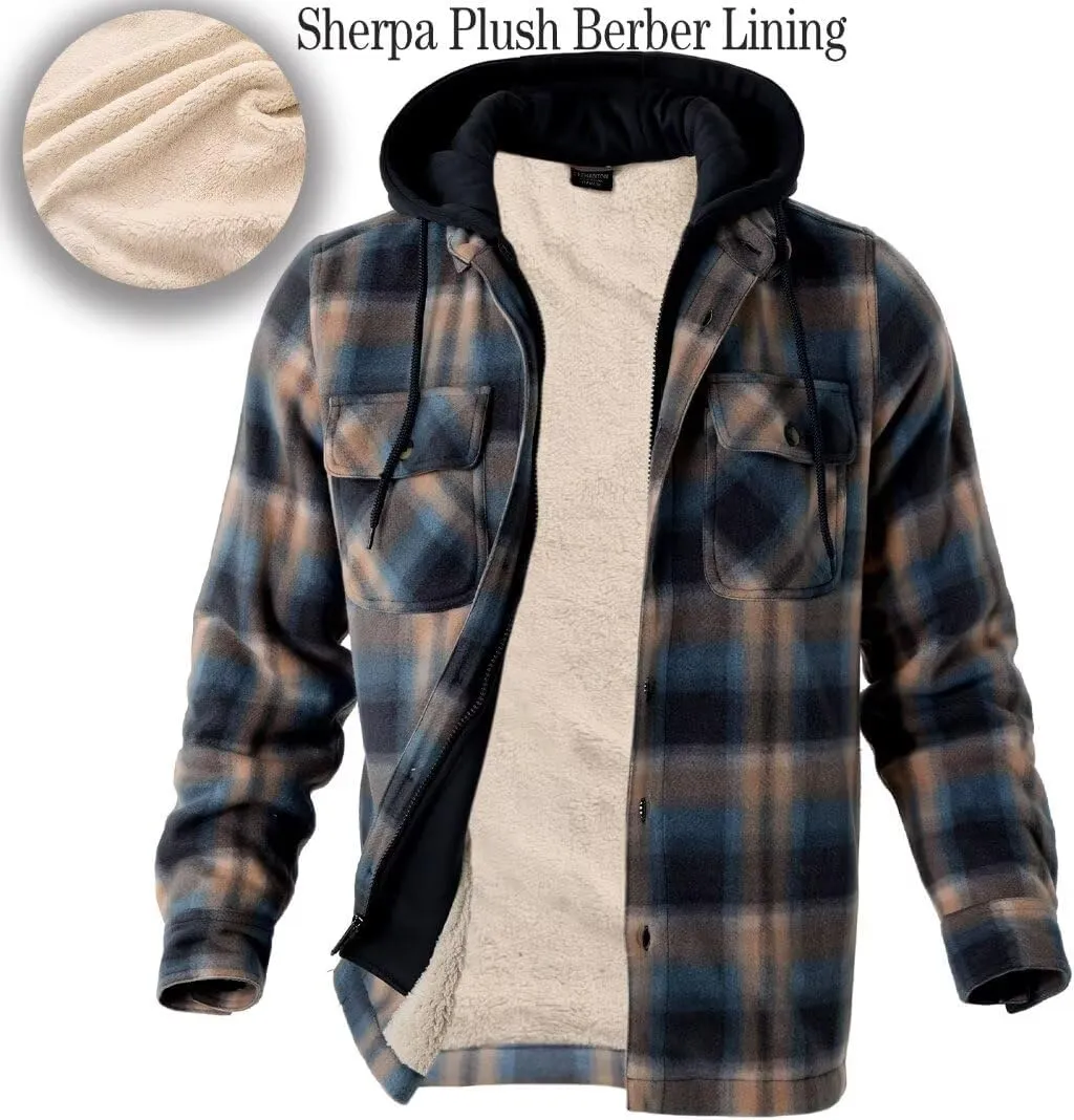 Men Heavy Thick Flannel Plaid Jacket Sherpa Fleece Lined Sweatshirt Big&Tall Hoodies Zip Up Winter Warm Coat