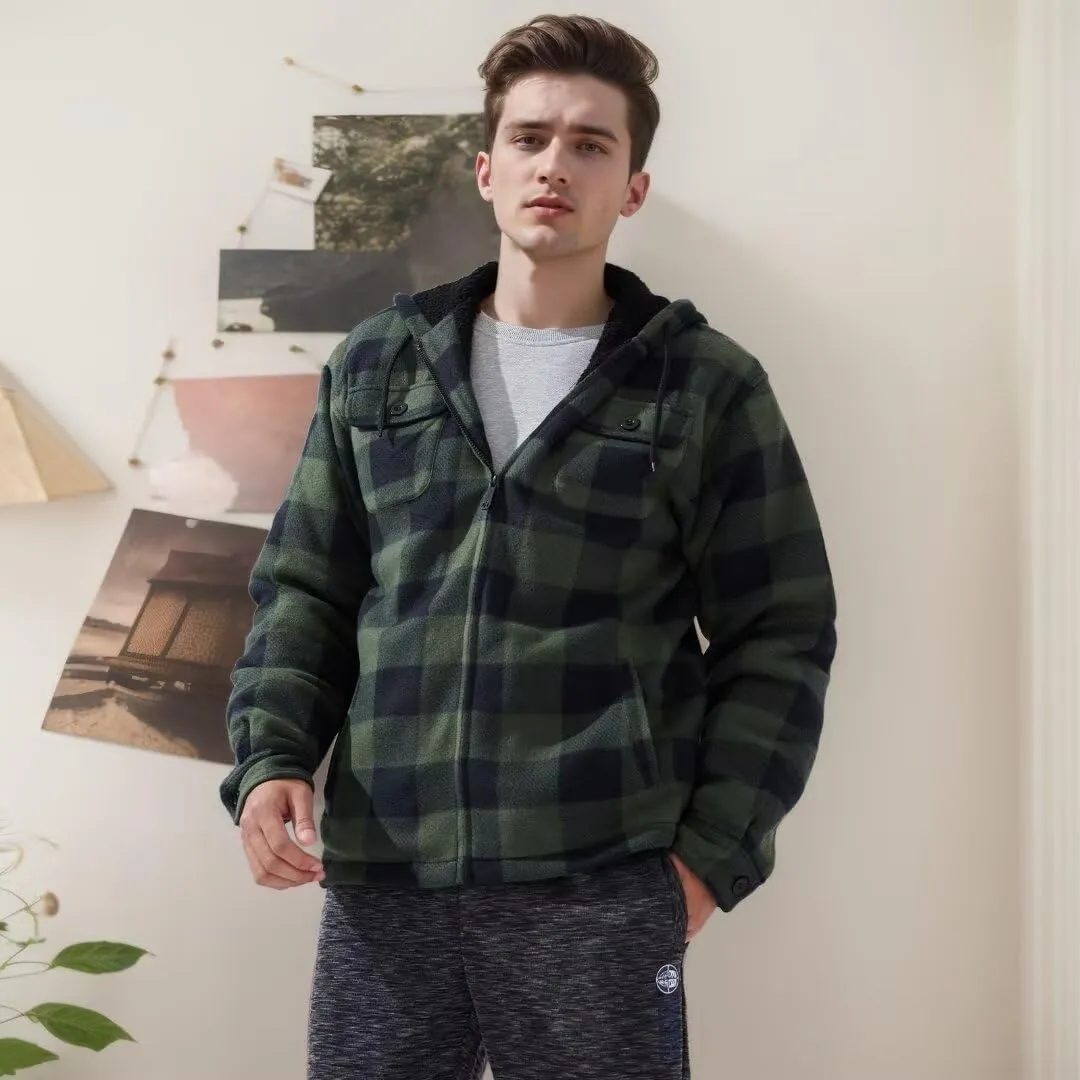 Men Heavy Thick Flannel Plaid Jacket Sherpa Fleece Lined Sweatshirt Big&Tall Hoodies Zip Up Winter Warm Coat