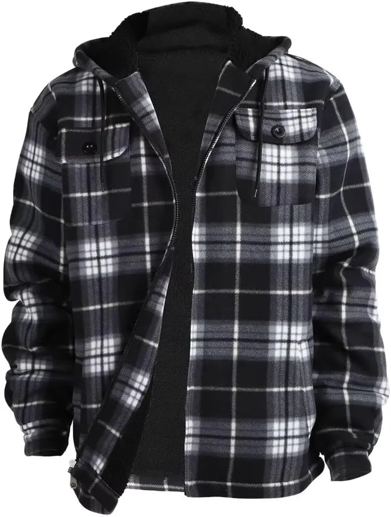 Men Heavy Thick Flannel Plaid Jacket Sherpa Fleece Lined Sweatshirt Big&Tall Hoodies Zip Up Winter Warm Coat