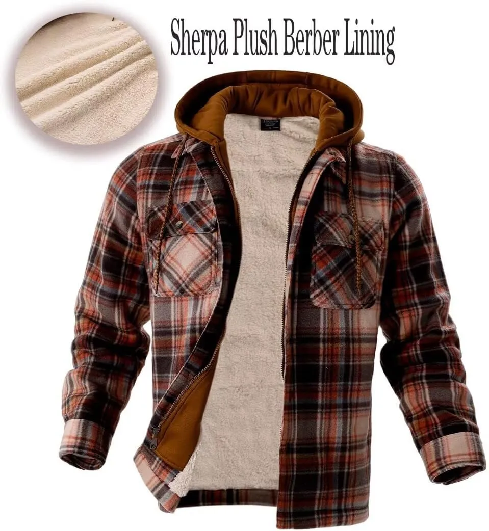Men Heavy Thick Flannel Plaid Jacket Sherpa Fleece Lined Sweatshirt Big&Tall Hoodies Zip Up Winter Warm Coat