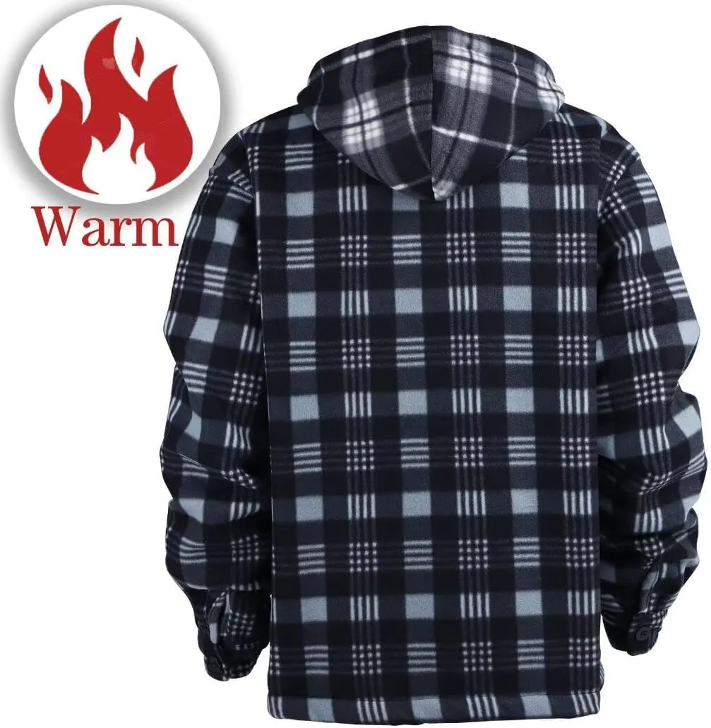 Men Heavy Thick Flannel Plaid Jacket Sherpa Fleece Lined Sweatshirt Big&Tall Hoodies Zip Up Winter Warm Coat