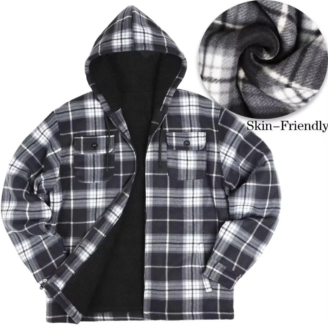 Men Heavy Thick Flannel Plaid Jacket Sherpa Fleece Lined Sweatshirt Big&Tall Hoodies Zip Up Winter Warm Coat