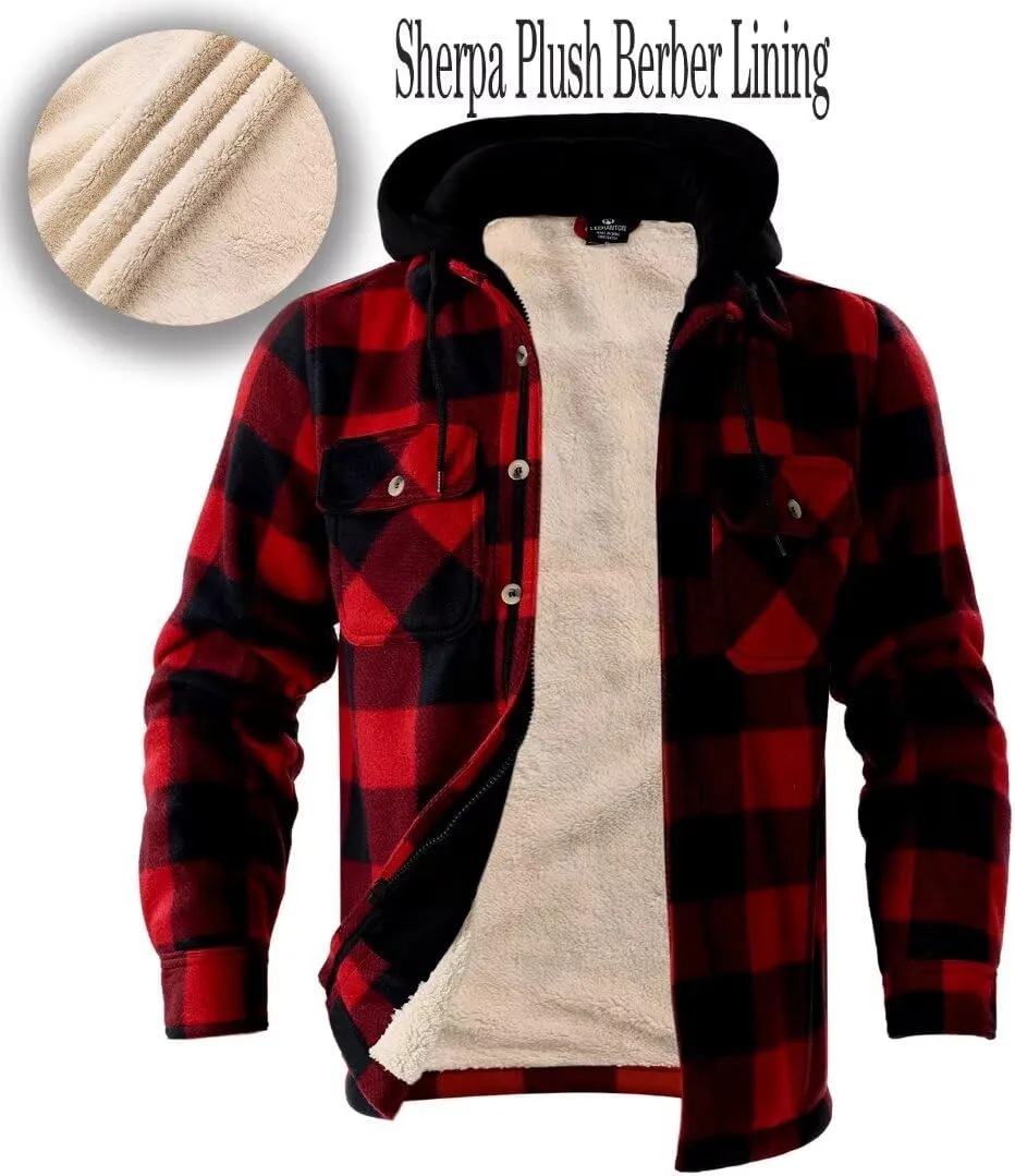 Men Heavy Thick Flannel Plaid Jacket Sherpa Fleece Lined Sweatshirt Big&Tall Hoodies Zip Up Winter Warm Coat