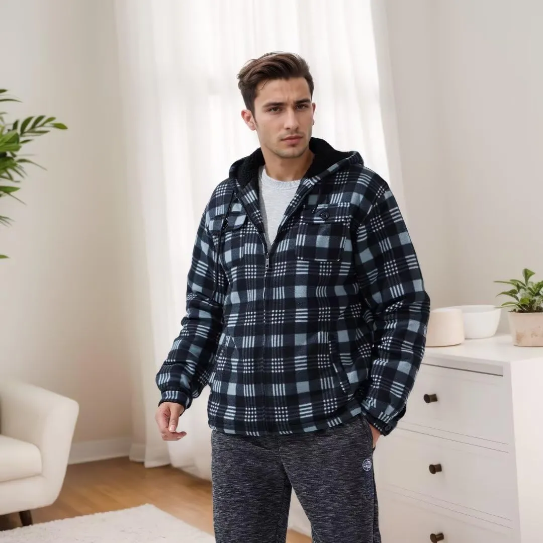 Men Heavy Thick Flannel Plaid Jacket Sherpa Fleece Lined Sweatshirt Big&Tall Hoodies Zip Up Winter Warm Coat