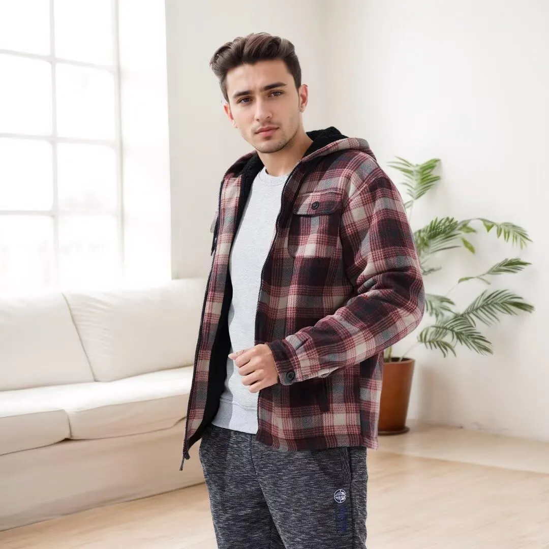 Men Heavy Thick Flannel Plaid Jacket Sherpa Fleece Lined Sweatshirt Big&Tall Hoodies Zip Up Winter Warm Coat