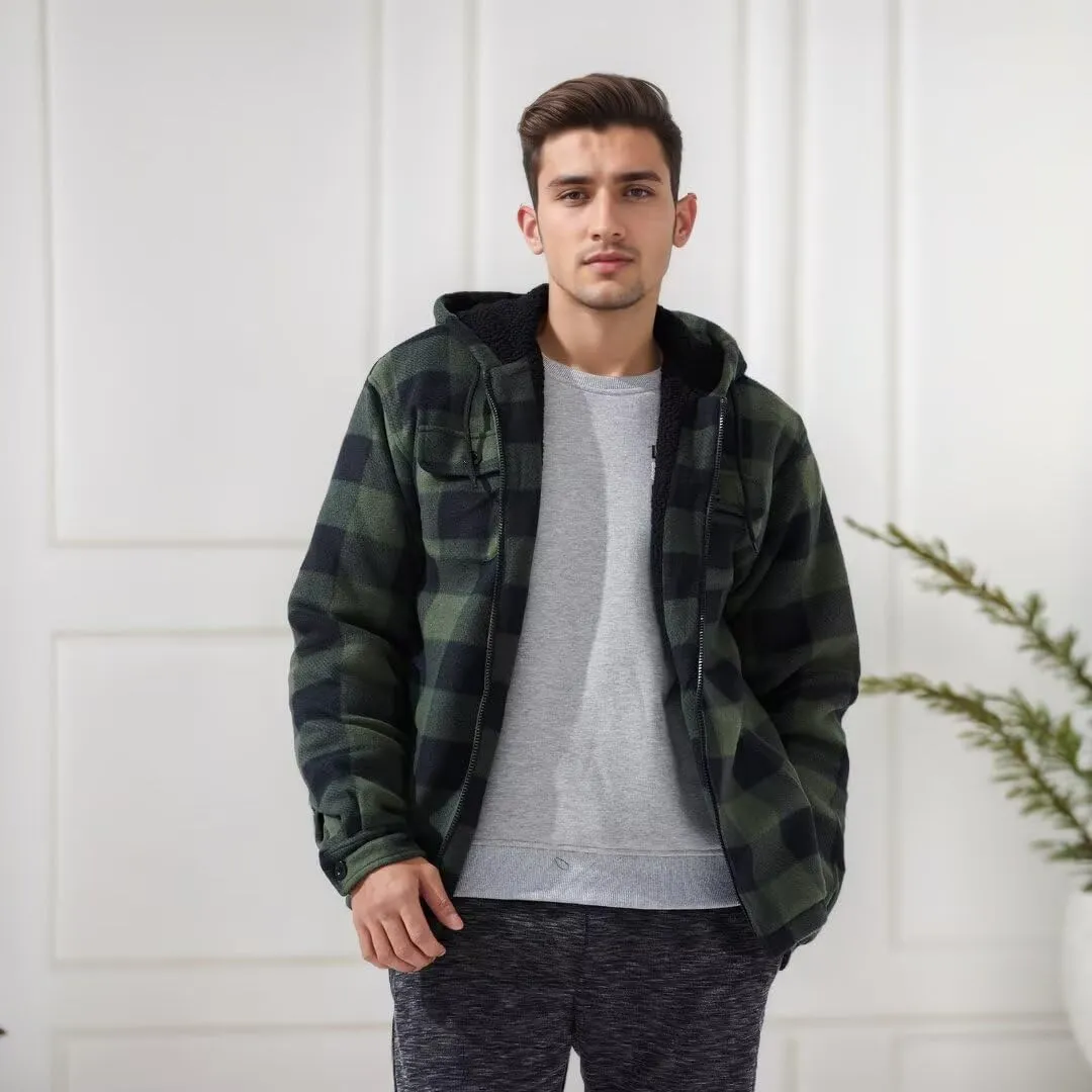 Men Heavy Thick Flannel Plaid Jacket Sherpa Fleece Lined Sweatshirt Big&Tall Hoodies Zip Up Winter Warm Coat