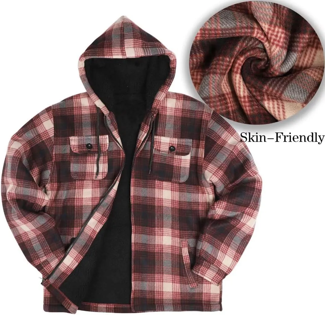 Men Heavy Thick Flannel Plaid Jacket Sherpa Fleece Lined Sweatshirt Big&Tall Hoodies Zip Up Winter Warm Coat