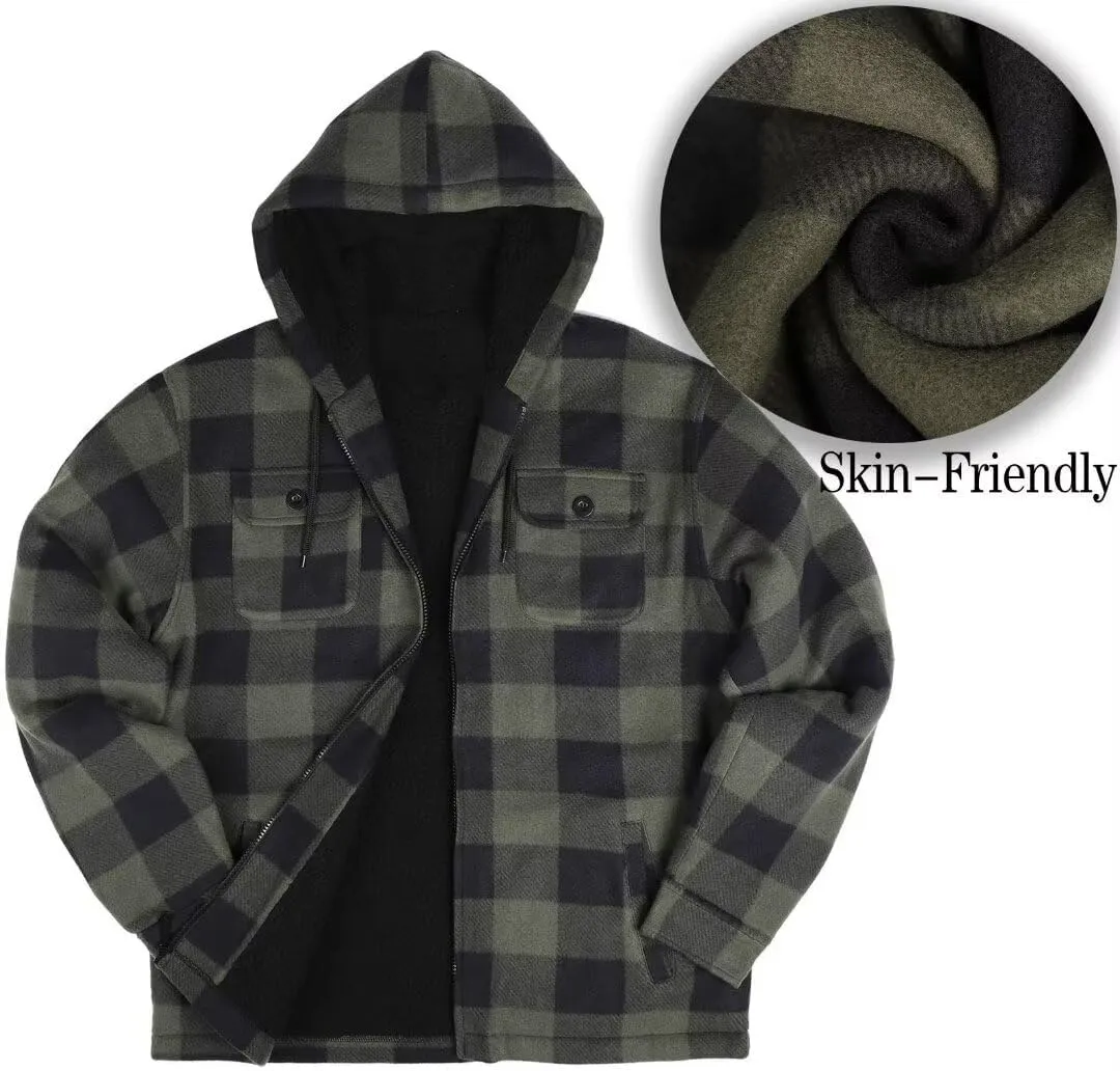 Men Heavy Thick Flannel Plaid Jacket Sherpa Fleece Lined Sweatshirt Big&Tall Hoodies Zip Up Winter Warm Coat