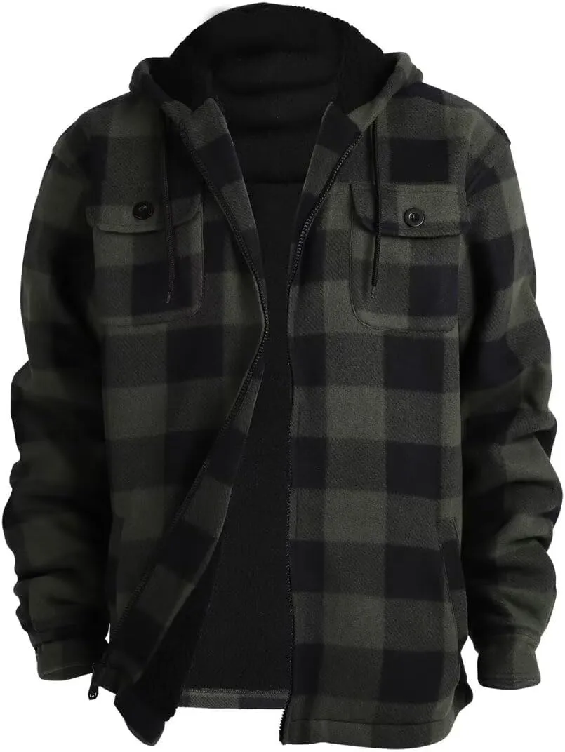 Men Heavy Thick Flannel Plaid Jacket Sherpa Fleece Lined Sweatshirt Big&Tall Hoodies Zip Up Winter Warm Coat