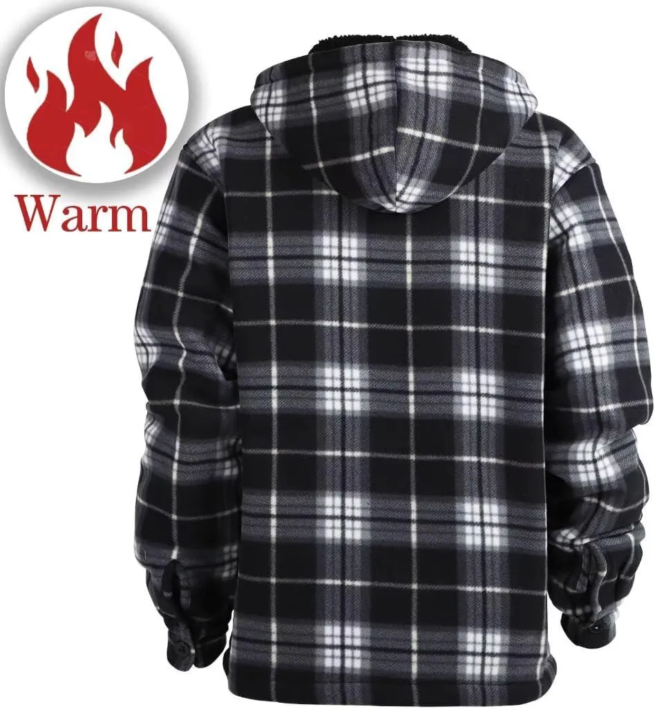 Men Heavy Thick Flannel Plaid Jacket Sherpa Fleece Lined Sweatshirt Big&Tall Hoodies Zip Up Winter Warm Coat