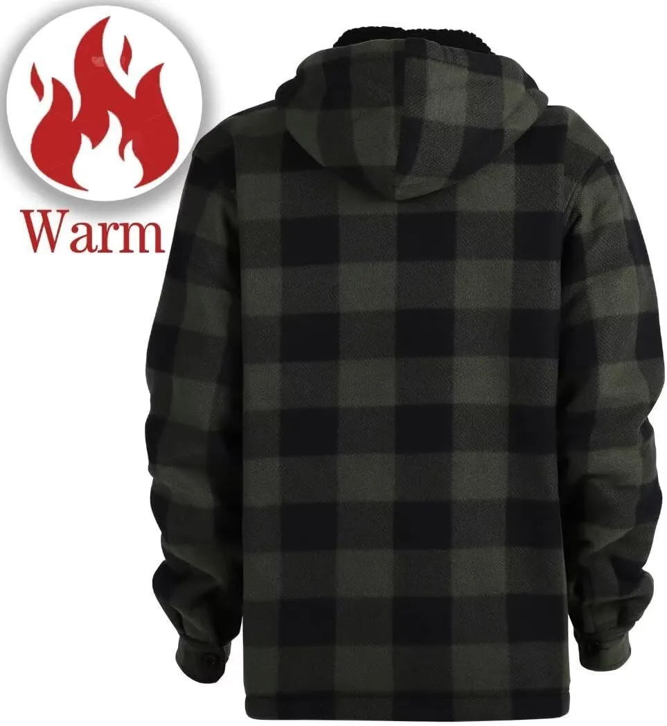 Men Heavy Thick Flannel Plaid Jacket Sherpa Fleece Lined Sweatshirt Big&Tall Hoodies Zip Up Winter Warm Coat