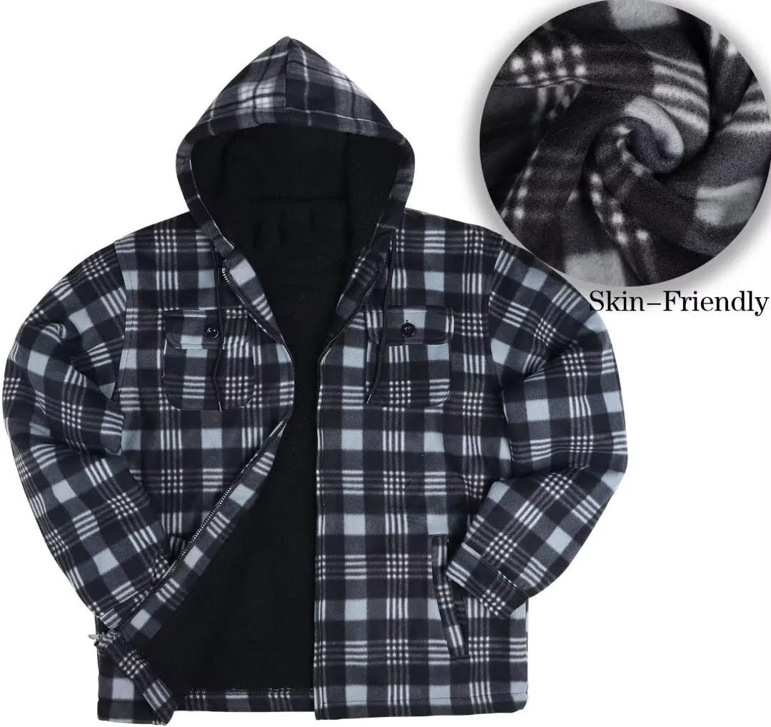 Men Heavy Thick Flannel Plaid Jacket Sherpa Fleece Lined Sweatshirt Big&Tall Hoodies Zip Up Winter Warm Coat