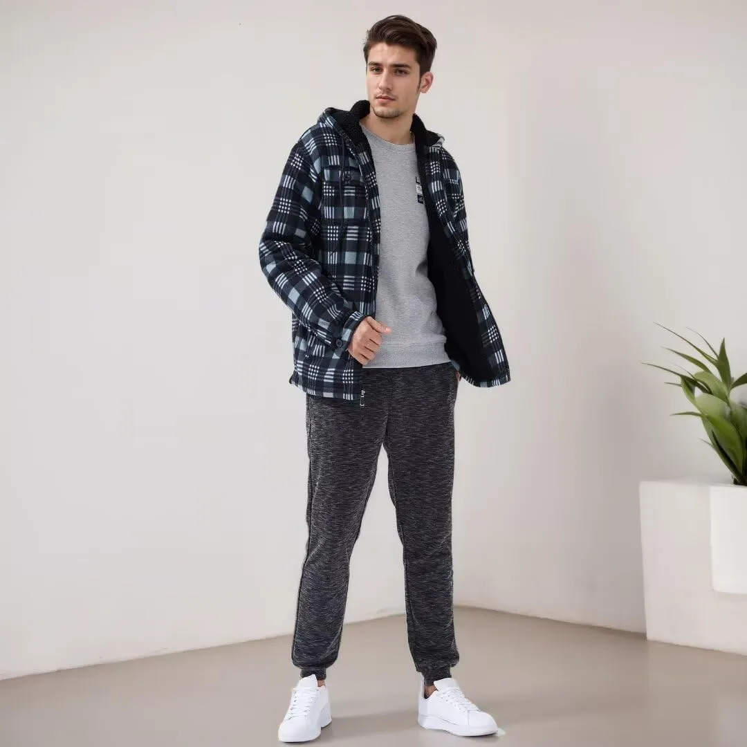 Men Heavy Thick Flannel Plaid Jacket Sherpa Fleece Lined Sweatshirt Big&Tall Hoodies Zip Up Winter Warm Coat