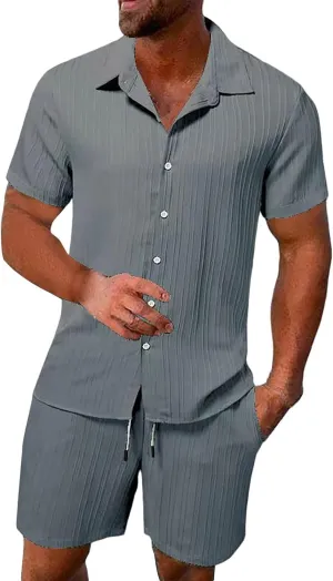 Men's 2 Piece Textured Matching Sets Short Sleeve Button Down Shirt Loose Fit Shorts Solid Color Beach Vacation Summer Outfit
