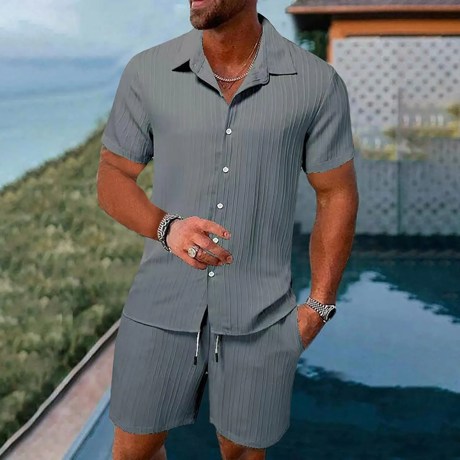 Men's 2 Piece Textured Matching Sets Short Sleeve Button Down Shirt Loose Fit Shorts Solid Color Beach Vacation Summer Outfit