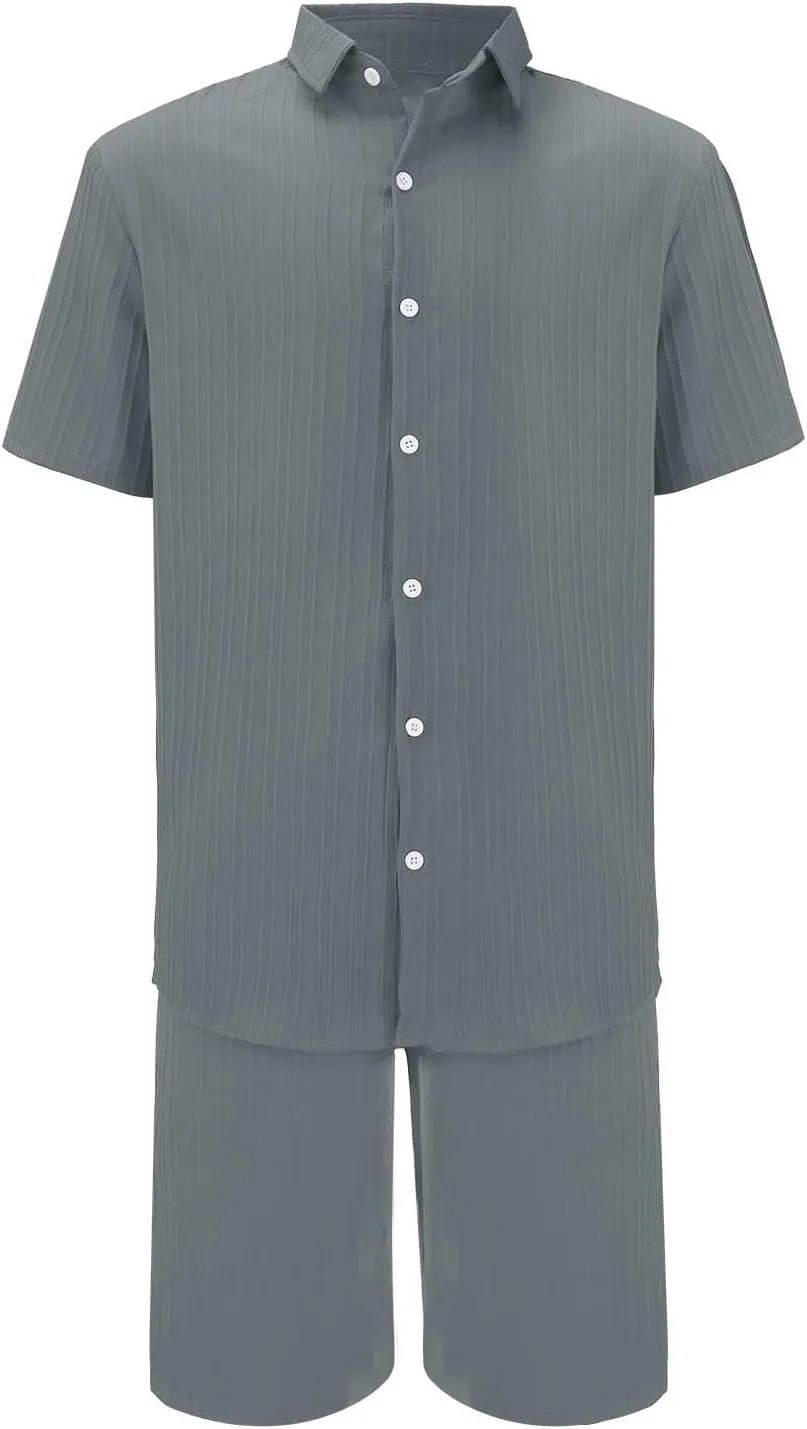 Men's 2 Piece Textured Matching Sets Short Sleeve Button Down Shirt Loose Fit Shorts Solid Color Beach Vacation Summer Outfit