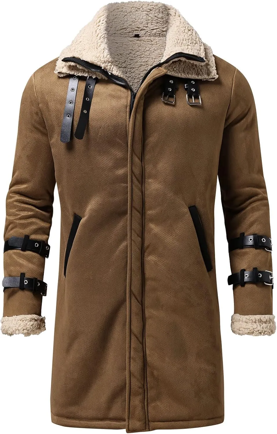 Mens Cotton Cargo Jacket Winter Sherpa Fleece Lined Work Jacket Coats Winter Warm Fur Collar Long Trench Coats Cargo Jacket