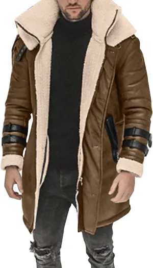 Mens Cotton Cargo Jacket Winter Sherpa Fleece Lined Work Jacket Coats Winter Warm Fur Collar Long Trench Coats Cargo Jacket