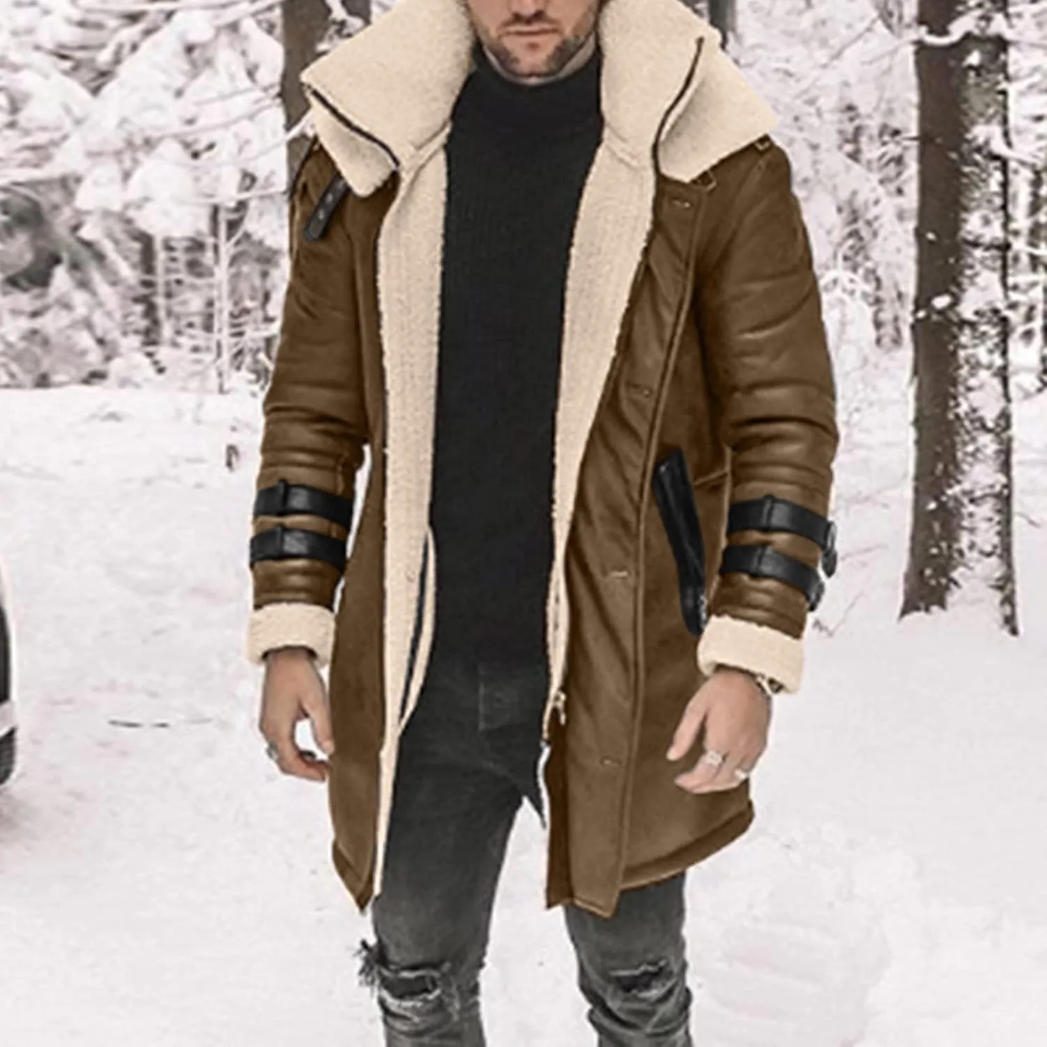 Mens Cotton Cargo Jacket Winter Sherpa Fleece Lined Work Jacket Coats Winter Warm Fur Collar Long Trench Coats Cargo Jacket