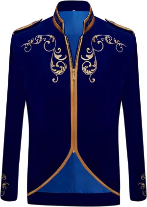 Men's Court Prince Blazers Stand Collar Zip Up Slim Fit Velvet Suit Jackets Luxury Gold Embroidery Sport Coat