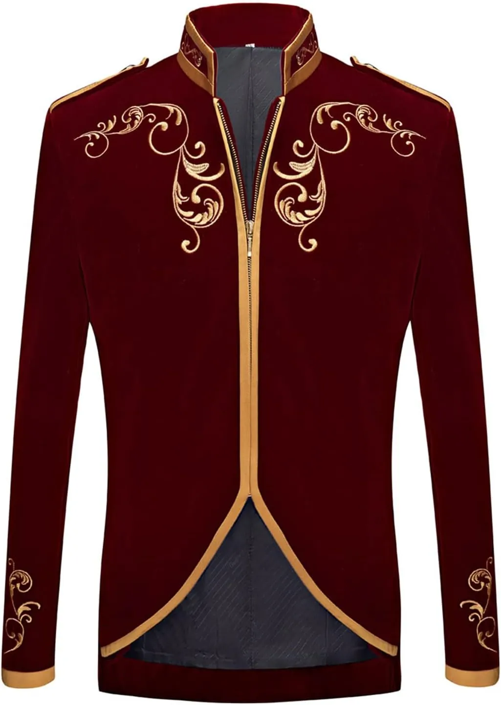 Men's Court Prince Blazers Stand Collar Zip Up Slim Fit Velvet Suit Jackets Luxury Gold Embroidery Sport Coat