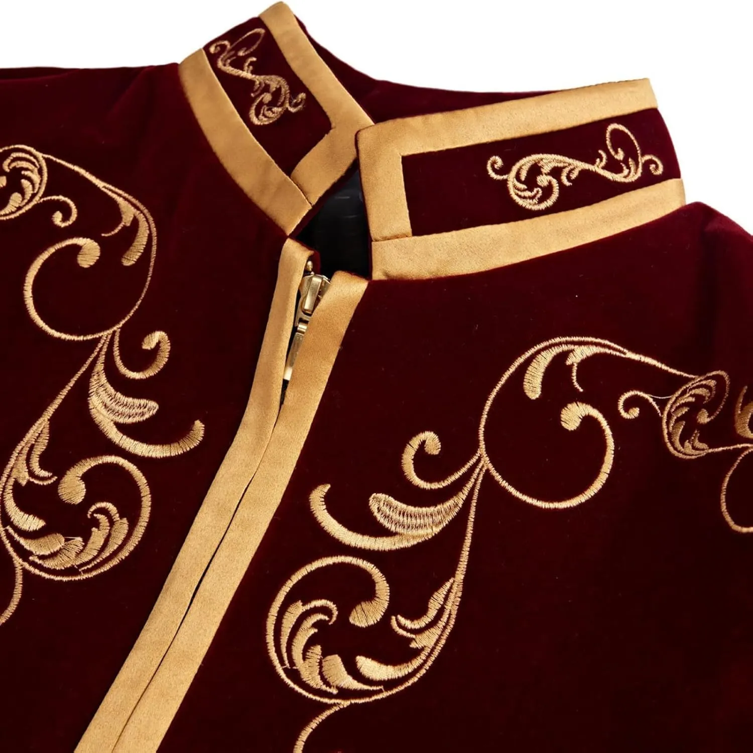 Men's Court Prince Blazers Stand Collar Zip Up Slim Fit Velvet Suit Jackets Luxury Gold Embroidery Sport Coat
