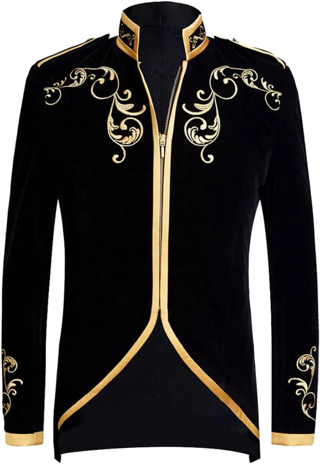 Men's Court Prince Blazers Stand Collar Zip Up Slim Fit Velvet Suit Jackets Luxury Gold Embroidery Sport Coat
