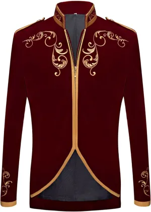 Men's Court Prince Blazers Stand Collar Zip Up Slim Fit Velvet Suit Jackets Luxury Gold Embroidery Sport Coat