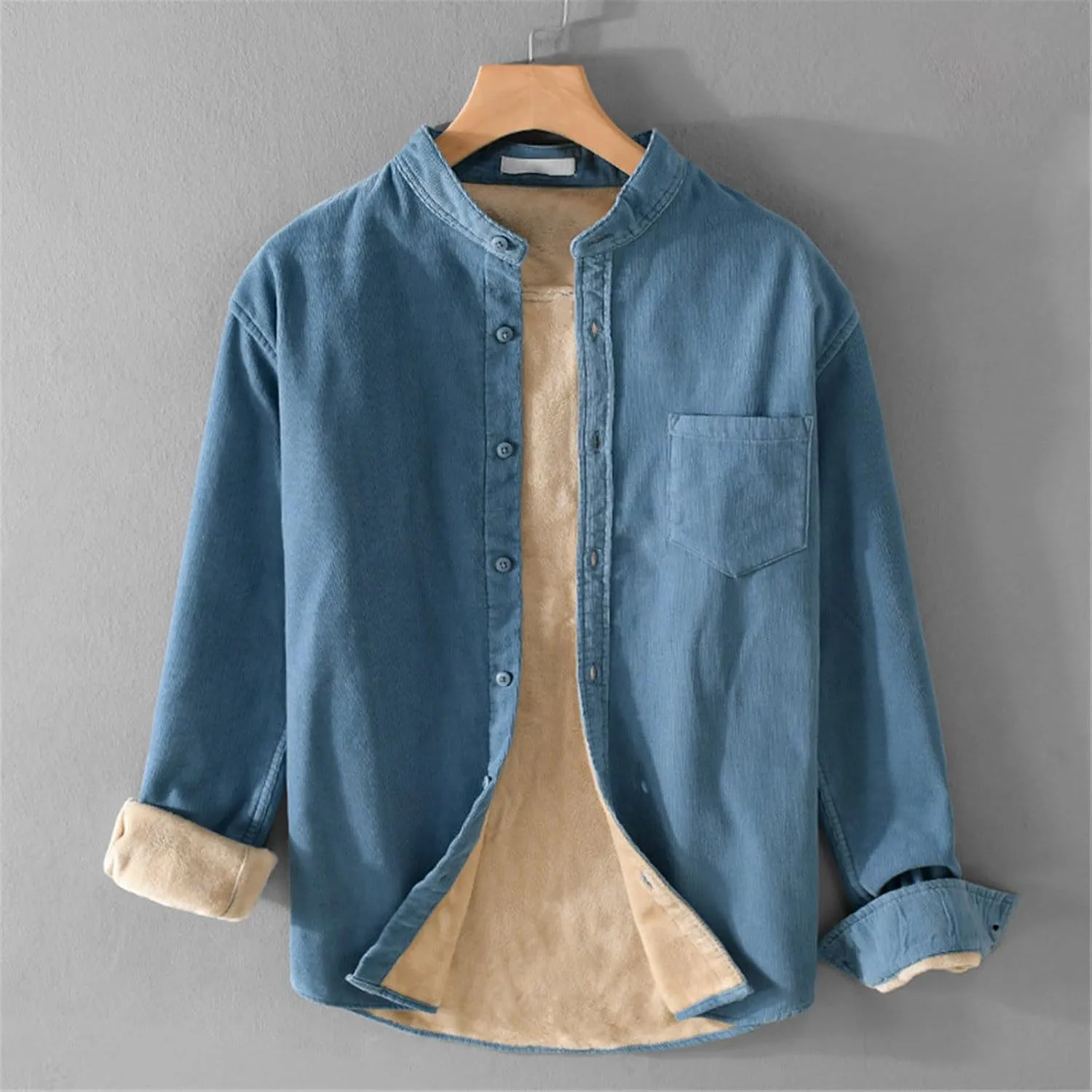 Mens Fleece Lined Corduroy Shirt Long Sleeve Button Down Sweatshirt Plus Size Textured Pullover Winter Thermal Jacket