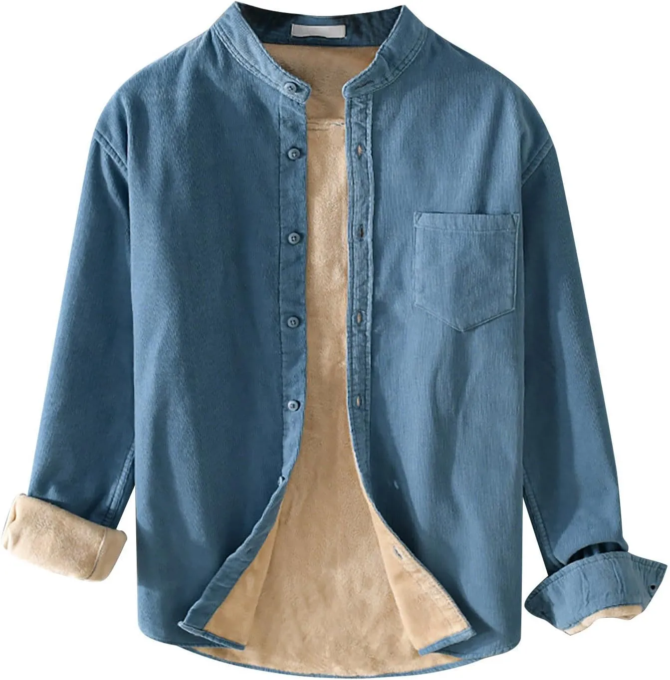 Mens Fleece Lined Corduroy Shirt Long Sleeve Button Down Sweatshirt Plus Size Textured Pullover Winter Thermal Jacket