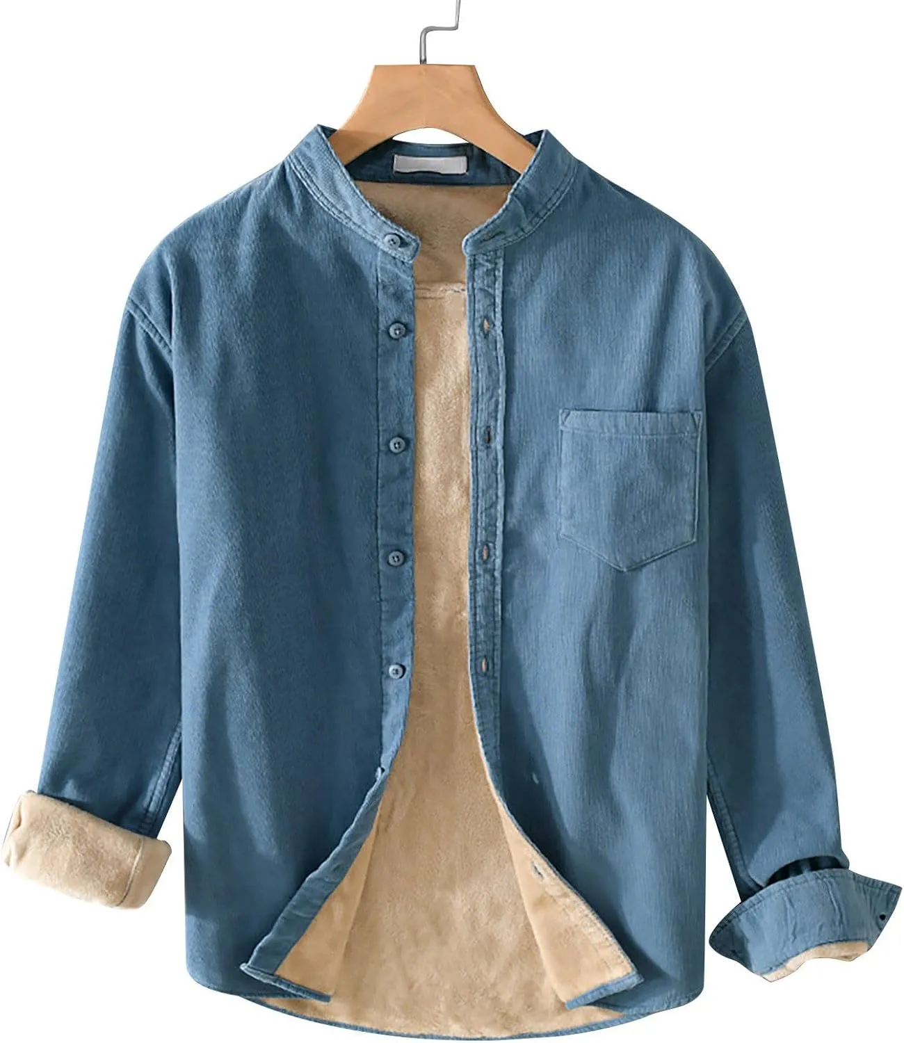 Mens Fleece Lined Corduroy Shirt Long Sleeve Button Down Sweatshirt Plus Size Textured Pullover Winter Thermal Jacket