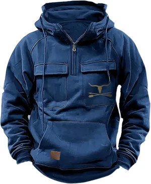 Mens Hoodies Aztec Vintage Graphic Western Hoodies Casual Long Sleeve Quarter Zip Pullover Sweatshirts with Pockets