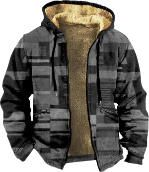 Mens Hoodies Zip Up Fleece Jacket Thick Retro Flag Print Hoodie Sherpa Lined Winter Coat Fall Fashion Hoodie