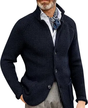 Mens Knit Cardigans Coats Button Down Stand Collar Soft Sweater Jackets Waffle Textured Classic Casual Warm Outwear