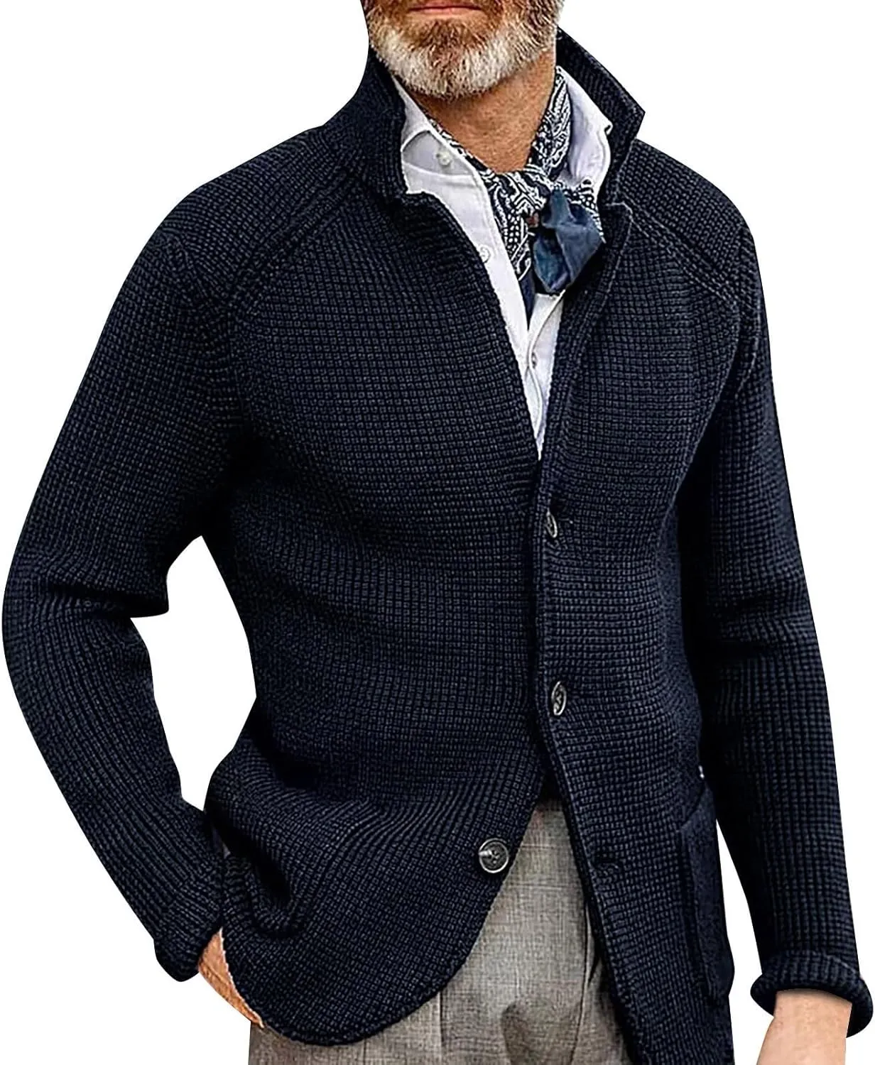 Mens Knit Cardigans Coats Button Down Stand Collar Soft Sweater Jackets Waffle Textured Classic Casual Warm Outwear