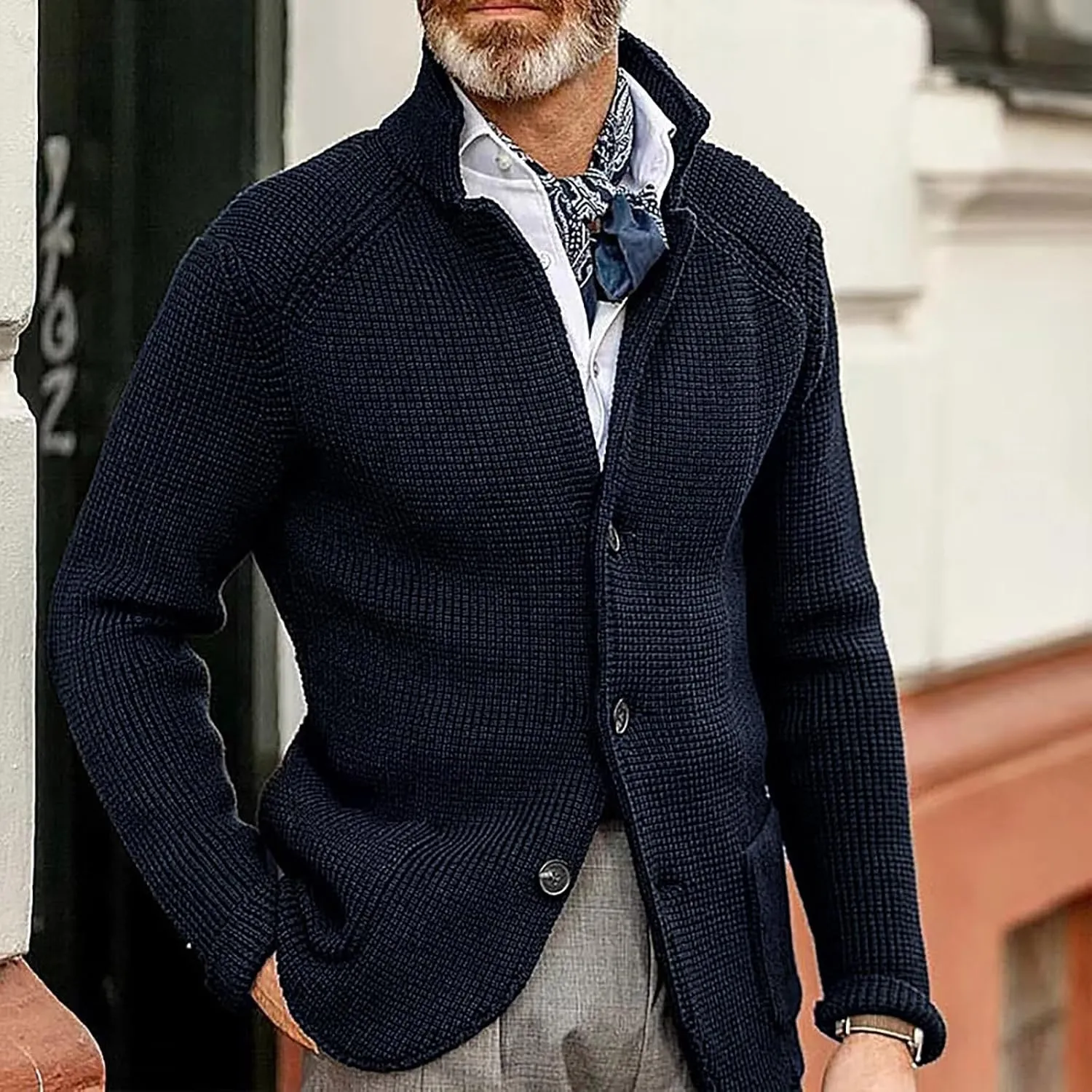 Mens Knit Cardigans Coats Button Down Stand Collar Soft Sweater Jackets Waffle Textured Classic Casual Warm Outwear